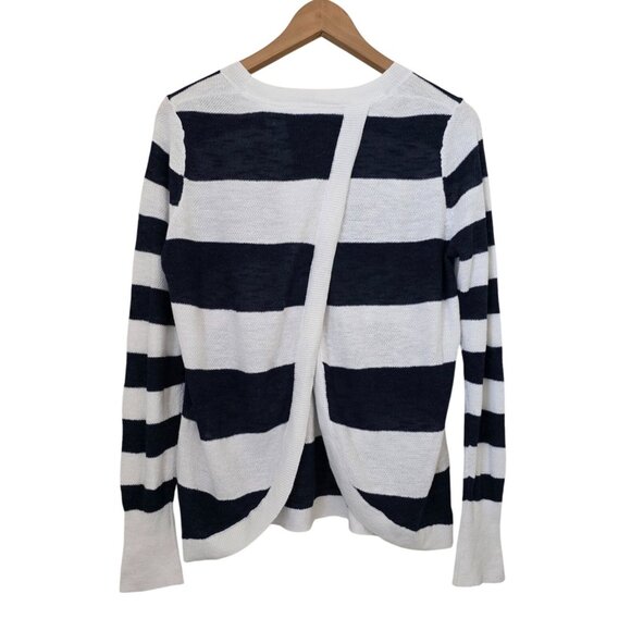 Banana Republic Navy White Striped Cross-Back Long-Sleeve Linen Blend Sweater S - Picture 2 of 9